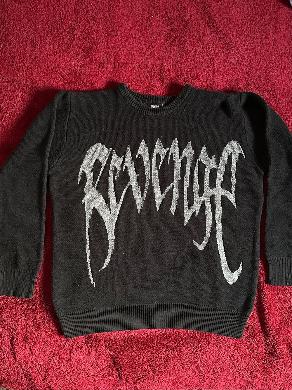 Revenge Clothing Black Knit Crewneck Sweater with Gray Arch Logo